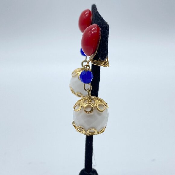 Vintage Hong Kong Red Blue & White Clip-On Dangle Earrings Gold-Tone Filigree - Picture 2 of 9